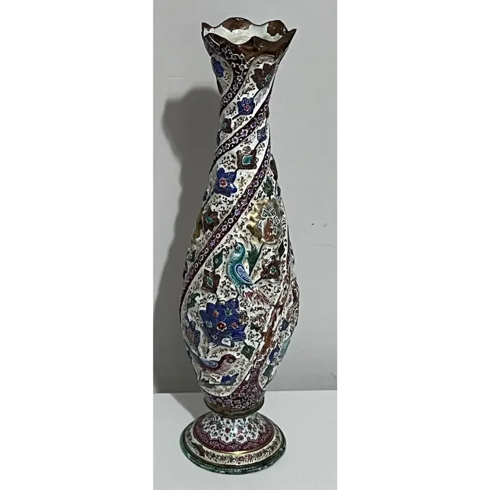 Vintage Antique Iznik Minakari Enameled Birds And Floral Decorations Copper Vase
